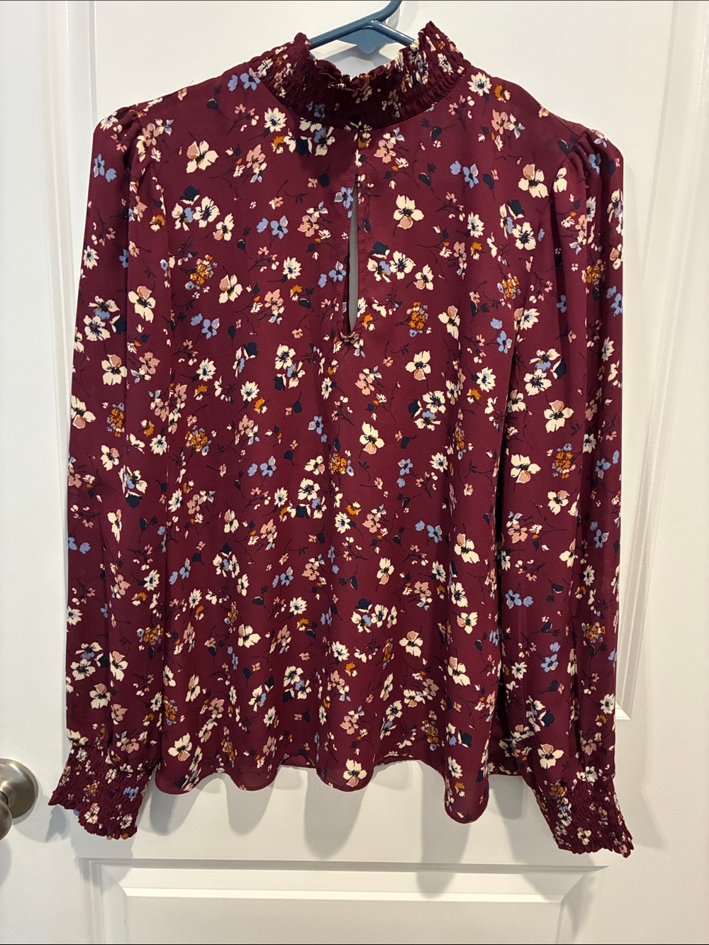 Socialite Burgundy Floral Smocked-Neck Long Sleeve Blouse